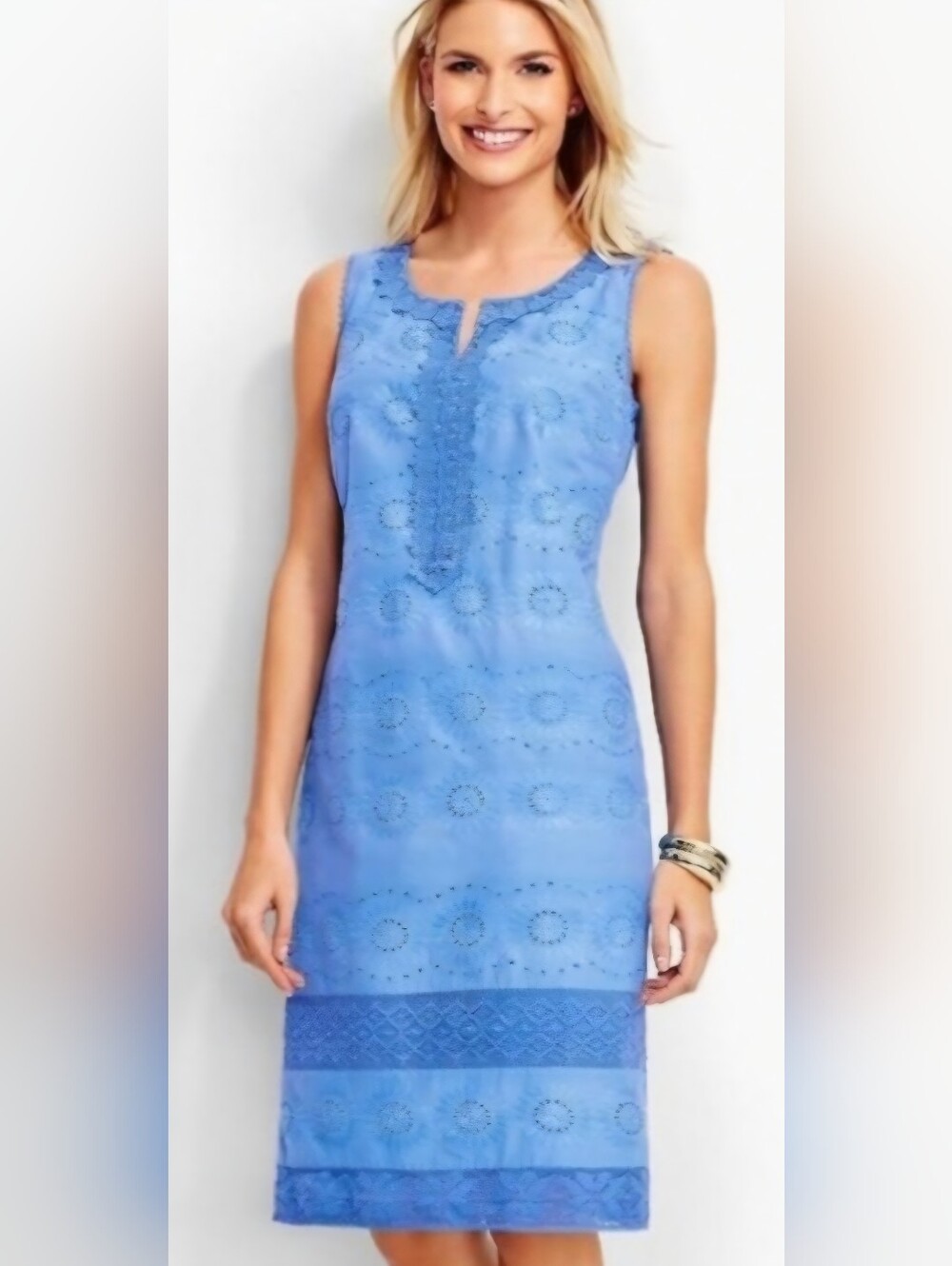 Talbots Woman's Blue Cotton Eyelet Embroidered Shift Dress Size 14W